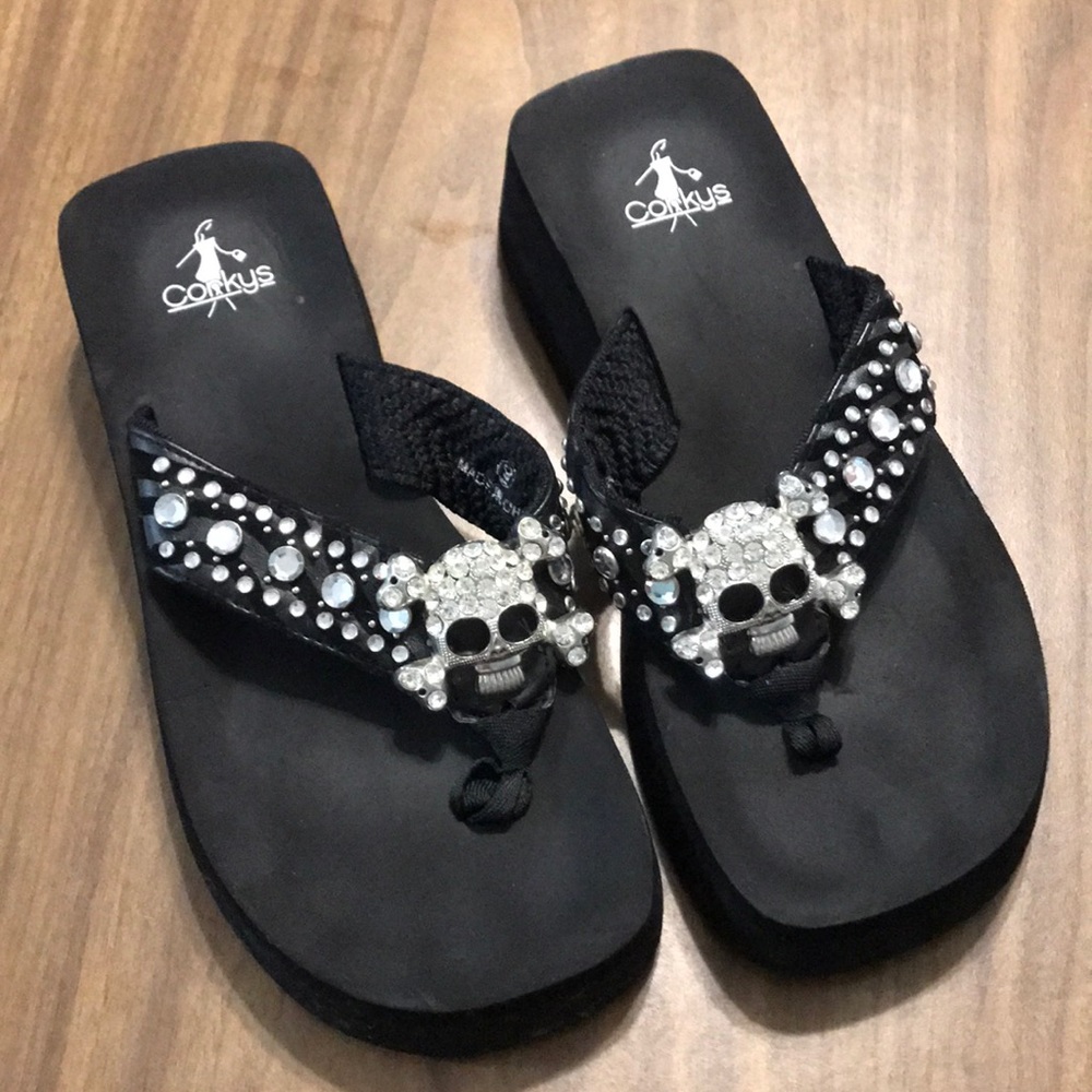 Size 9 Corkys flops skull and bones embellished